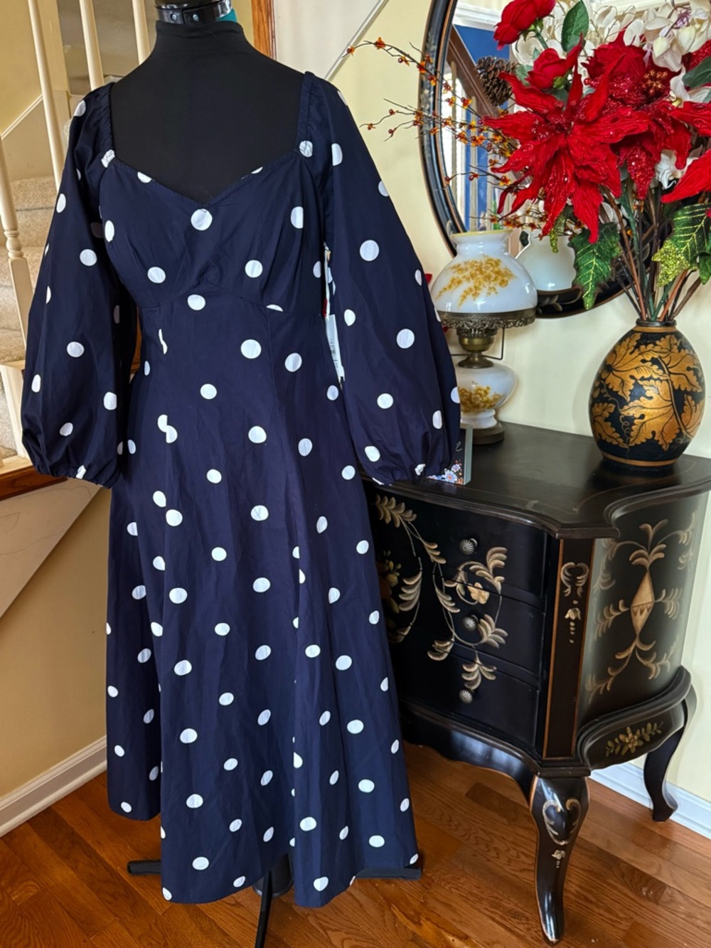 Navy Blue Polka Dot Maxi Dress with Puff Sleeves